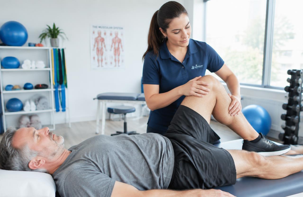 Fisioterapeuta atendendo paciente em reabilitação