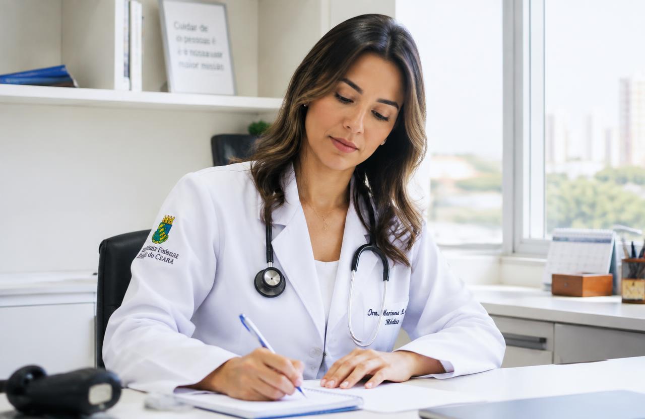 Médica fazendo anotações em consultório